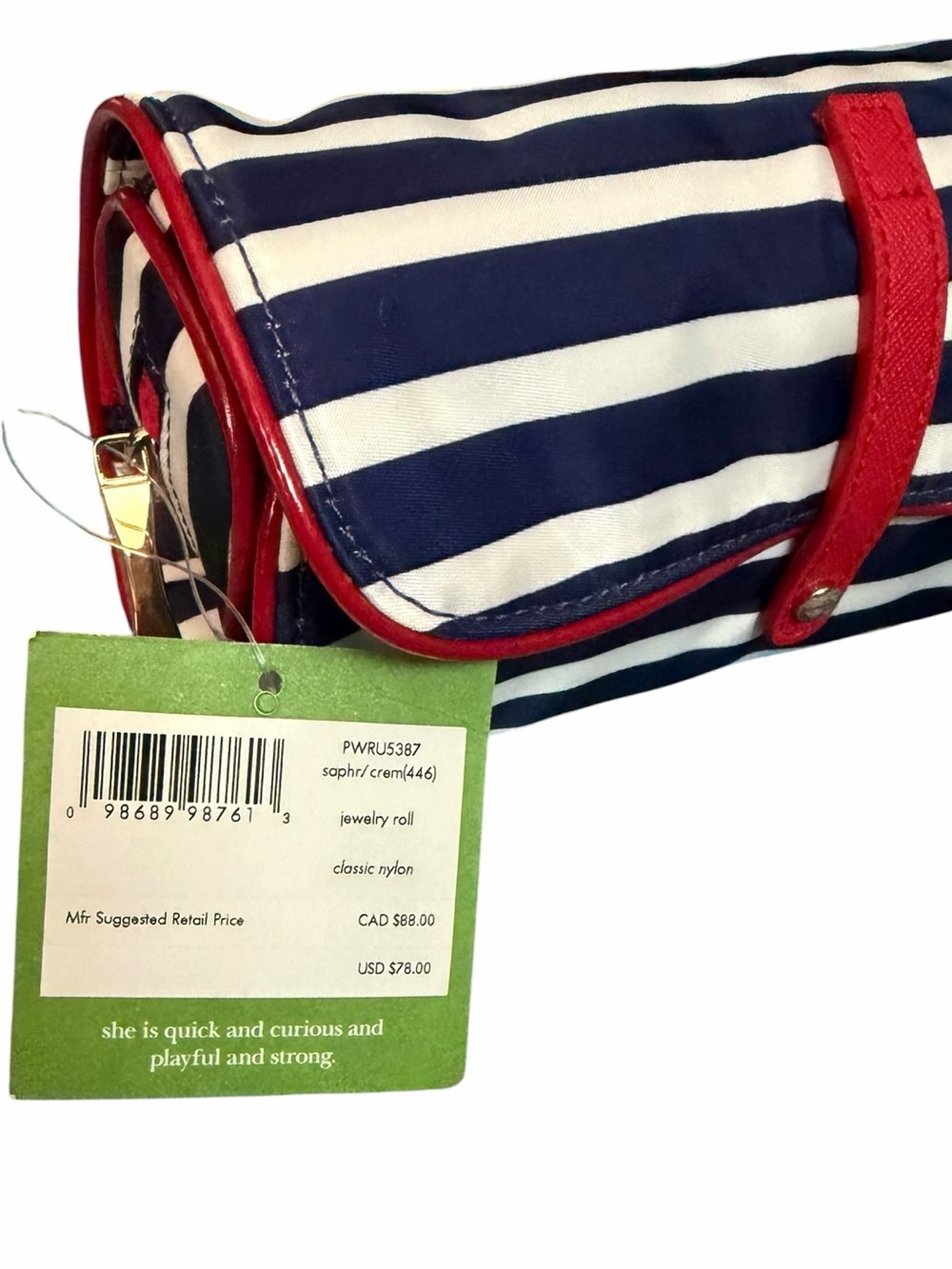 NWT Kate Spade Striped Navy & White Roll Jewelry Travel Vacay Bag with Red Trim - Picture 3 of 14